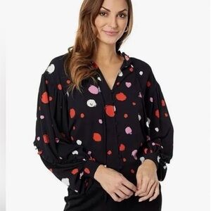 Ted Baker Black Sunrai Spot Sprint Blouse Black Frilled Long Sleeve Size 1